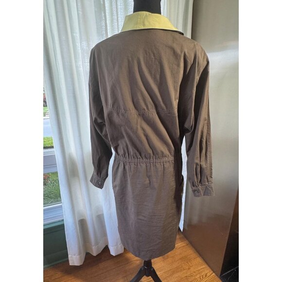 Vintage 80s dress, cocoa brown & yellow, asymmetrical collar, avant-garde style - Picture 6 of 10